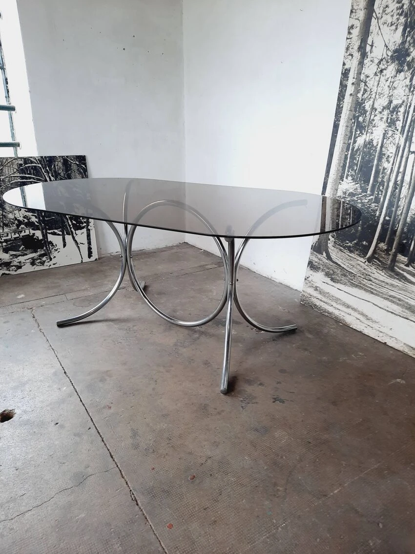 Large Chrome And Smoked Glass Table From The 70s 5 Large Chrome And Smoked Glass Table From The 70s - Image 3