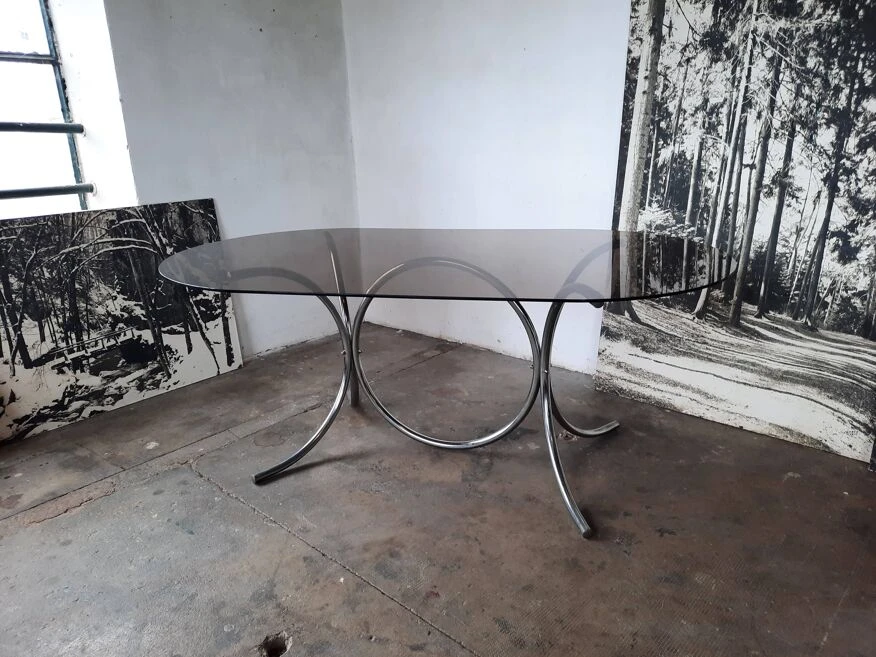 Large Chrome And Smoked Glass Table From The 70s 3 Large Chrome And Smoked Glass Table From The 70s