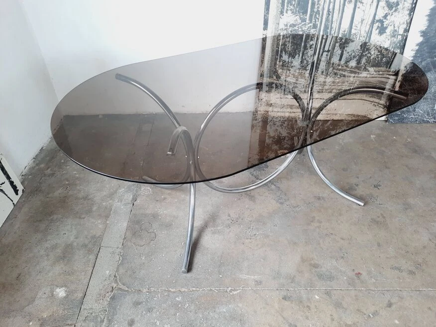 Large Chrome And Smoked Glass Table From The 70s 6 Large Chrome And Smoked Glass Table From The 70s - Image 4