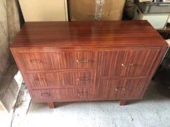 Old Large Formica Imitation Wood Chest Of Drawers 3 Drawers + 2 Vintage Boxes #a744