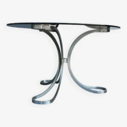 “space Age” Dining Room Table In Polished Steel And Smoked Glass Slab - Circa 1970