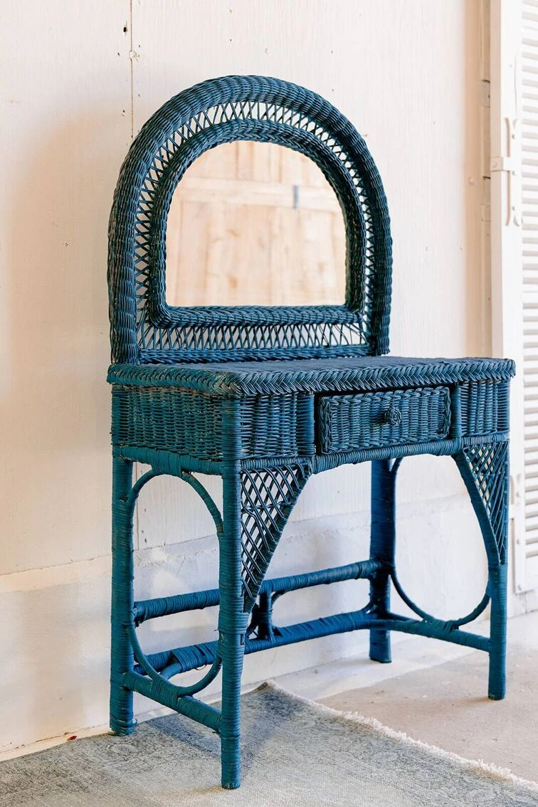 Vintage Midnight Blue Rattan Dressing Table 7 Vintage Midnight Blue Rattan Dressing Table - Image 6