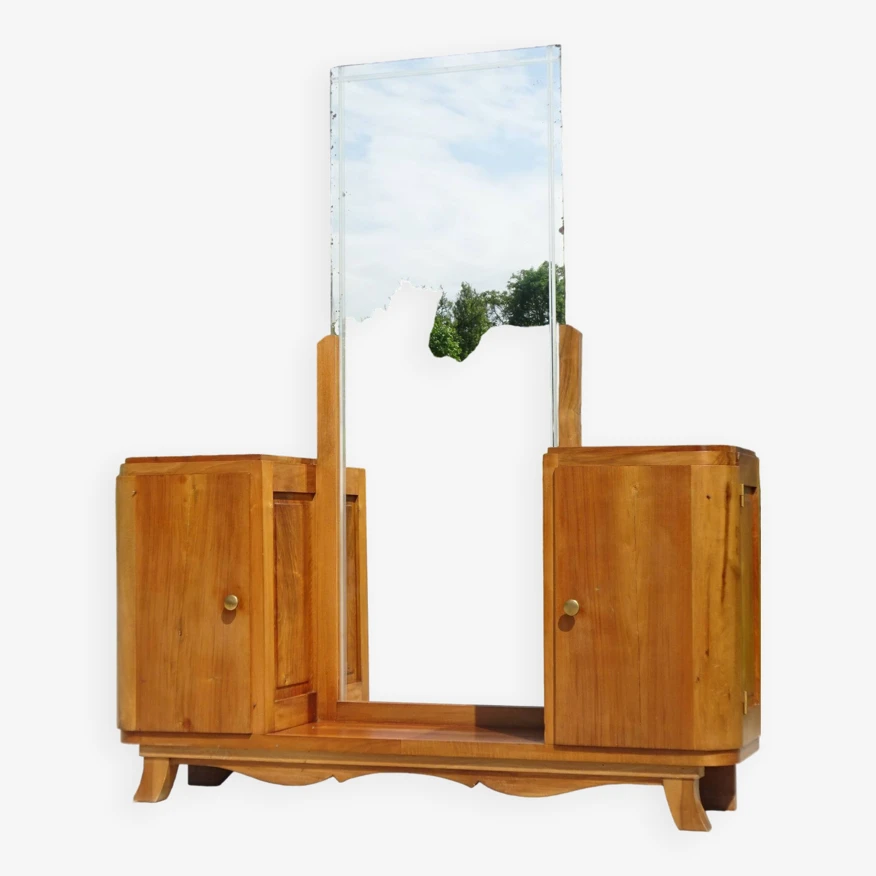 Light Wooden Dressing Table With Large Original Mirror, 1930s 5 Light Wooden Dressing Table With Large Original Mirror, 1930s - Image 3