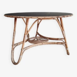 Old Rattan Table - Round Top With Tripod Base