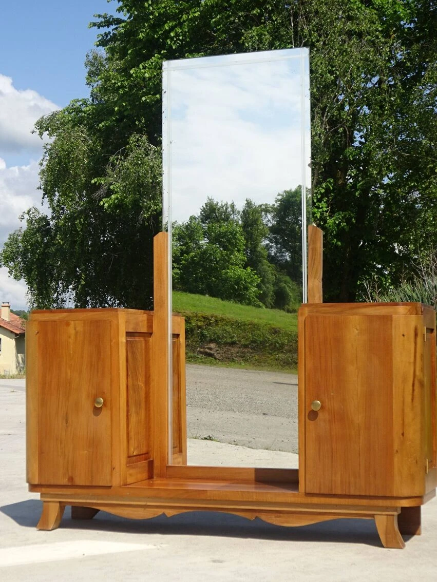 Light Wooden Dressing Table With Large Original Mirror, 1930s 3 Light Wooden Dressing Table With Large Original Mirror, 1930s