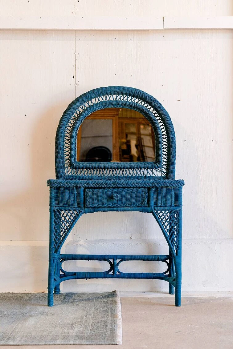 Vintage Midnight Blue Rattan Dressing Table 11 Vintage Midnight Blue Rattan Dressing Table - Image 10