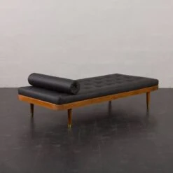 Danish Horsens Daybed In Black Leather And Teak, Denmark 1960s