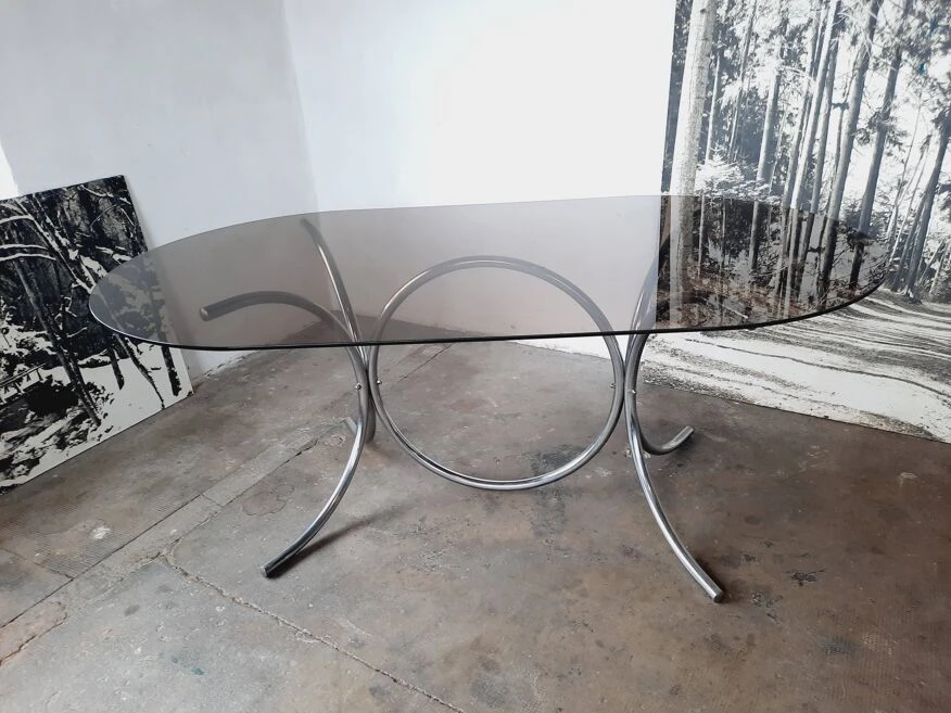 Large Chrome And Smoked Glass Table From The 70s 8 Large Chrome And Smoked Glass Table From The 70s - Image 6