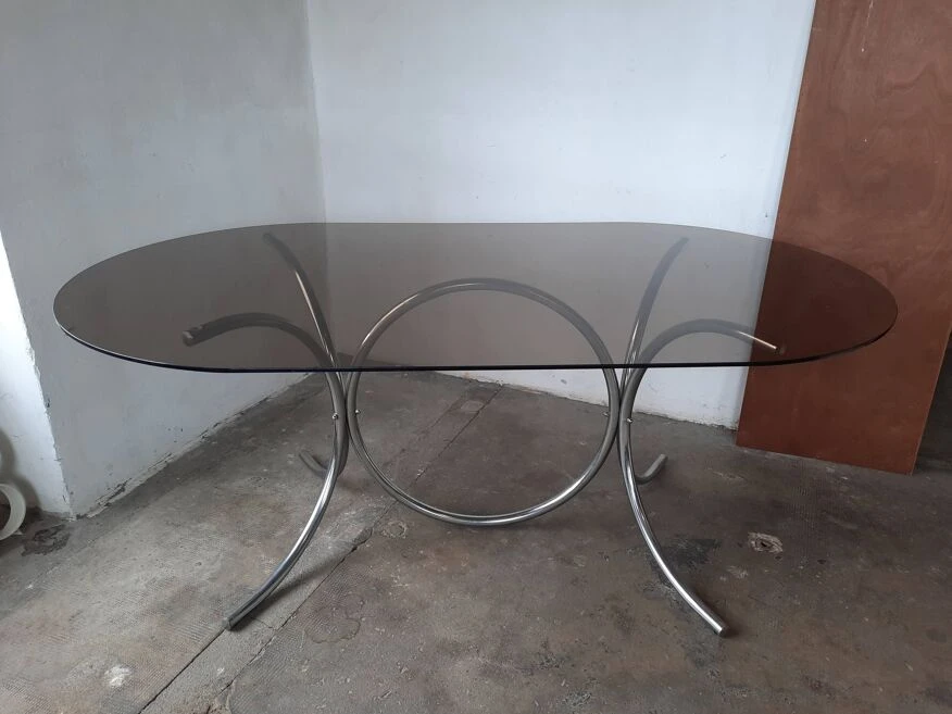 Large Chrome And Smoked Glass Table From The 70s 4 Large Chrome And Smoked Glass Table From The 70s - Image 2