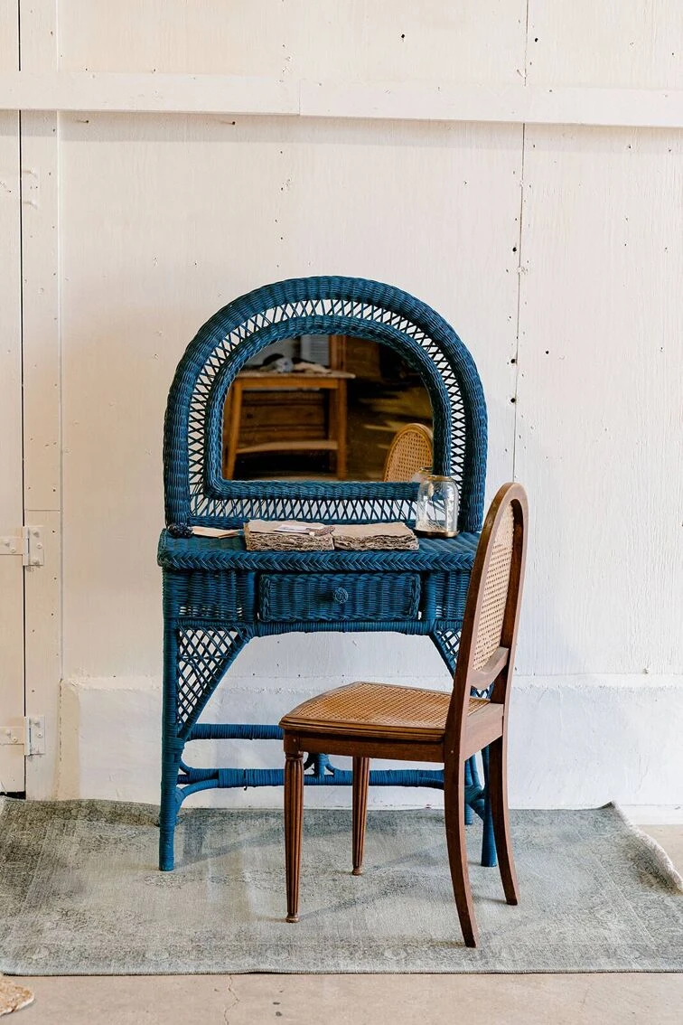 Vintage Midnight Blue Rattan Dressing Table 4 Vintage Midnight Blue Rattan Dressing Table - Image 3