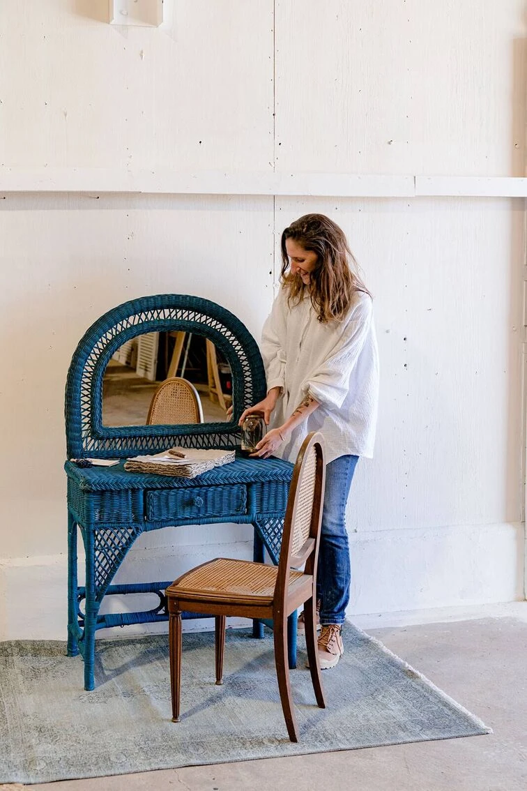 Vintage Midnight Blue Rattan Dressing Table 9 Vintage Midnight Blue Rattan Dressing Table - Image 8